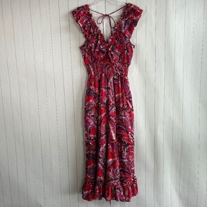 Caroline Constas size M maxi dress red floral ruffle smocked cotton v-neck boho